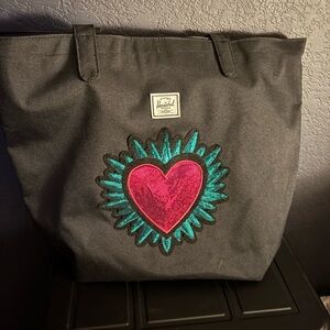 Herschel Supply Company Black Tote with Pink and Green Heart